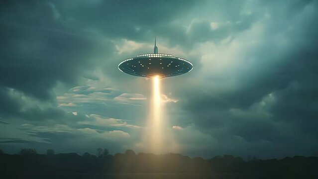 UFO with radiant lights hovering over forest under night sky. Futuristic alien spaceship. Copy space. Ideal for projects exploring extraterrestrial themes, science fiction, and unknown. Sci-fi concept