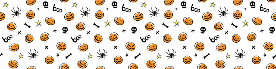 Halloween seamless pattern with spiders, skulls, other holiday symbols. Vector illustration, wrapped paper, background and texture in flat doodle style, isolated.