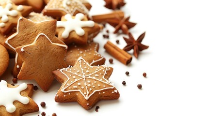 Star shaped gingerbread cookies for Christmas and New Year s with white background and space for text