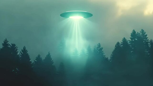 UFO with radiant lights hovering over forest under night sky. Futuristic alien spaceship. Copy space. Ideal for projects exploring extraterrestrial themes, science fiction, and unknown. Sci-fi concept