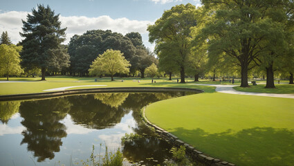 The image shows a grassy park with a small pond, several large trees and a paved path. The sky is blue and sunny.

