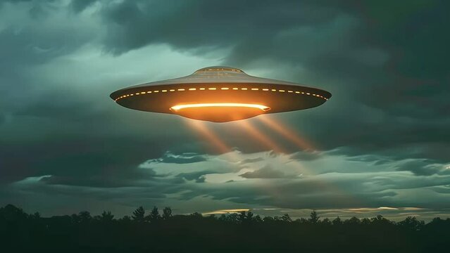 UFO with radiant lights hovering over forest under night sky. Futuristic alien spaceship. Copy space. Ideal for projects exploring extraterrestrial themes, science fiction, and unknown. Sci-fi concept