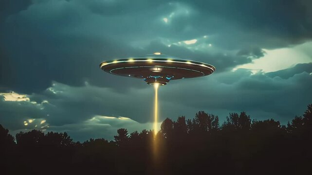 UFO with radiant lights hovering over forest under night sky. Futuristic alien spaceship. Copy space. Ideal for projects exploring extraterrestrial themes, science fiction, and unknown. Sci-fi concept