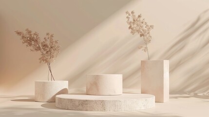 Three blank podiums on a minimal background for displaying products. The podiums are made of stone and have copy space for promotions or cosmetic product showcases.