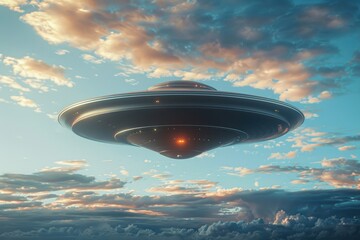 Obraz premium Futuristic UFO Spaceship with Glowing Lights Hovering in a Cloudy Sky - Extraterrestrial Technology Concept