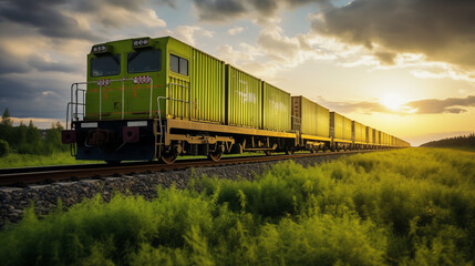 Obraz premium Green Container train on railway, Transportation and logistic.