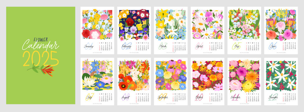 Cute Flower calendar for 2025. Vertical monthly with vector illustrations of colorful flowers and leaves. Page template A4, set of 12 months with cover. Week starts on Sunday