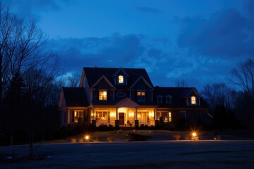 Huge House in American Suburbs. Expensive Real Estate Property with Big Yard and Night Lights