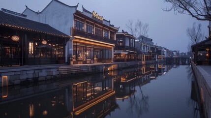 Fototapeta premium The renovation of the Huizhou-style architecture on the canal side transforms the exterior of the existing building into Huizhou-style features, including horse-head walls, flying eaves and corners, c