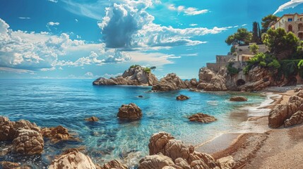 Fototapeta premium Beautiful beaches stretch across a wide expanse of water, and ancient architecture adds historical charm to the scene.