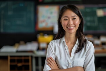 Portrait of a smiling young asian female teacher in classroom