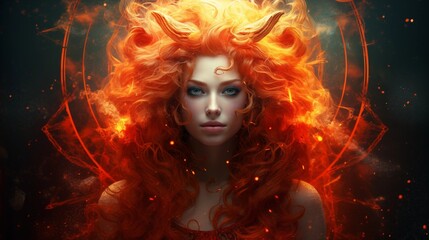 Fototapeta premium A Mythical Fire Goddess with Fiery Red Hair and Blazing Aura, Representing Strength and Intensity in a Fantasy Realm