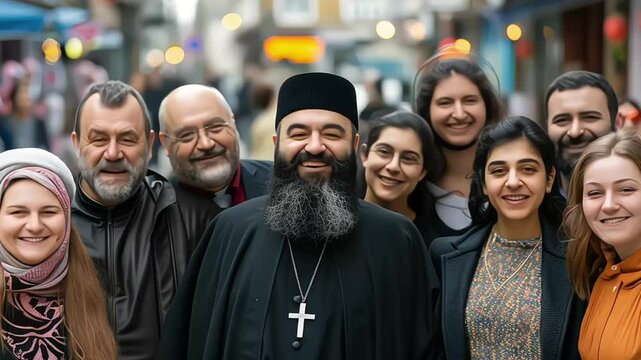 Portrait of smiling multinational people different religions stand together. National Religious Freedom Day