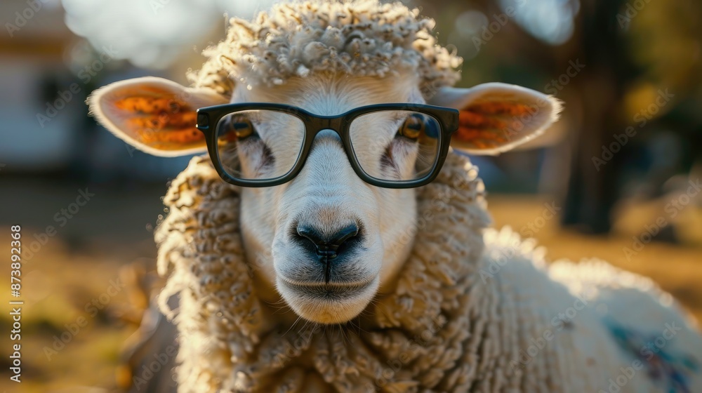 Canvas Prints sheep wearing glasses posing for camera with blurred background