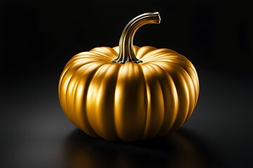 Large golden pumpkin against a black background. Captivating contrast and elegance, ideal for autumn decorations and seasonal concepts. Close up