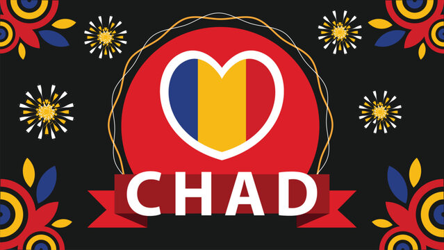 Chad National day vector banner design illustration with flag colors, geometric shapes and typography. fireworks and ribbon elements.