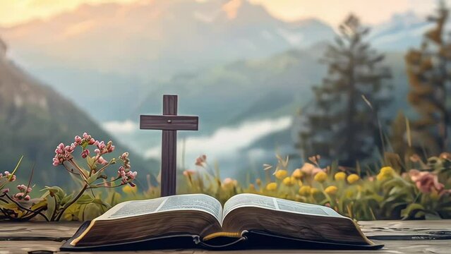 holy bible and cross on desk symbol of humility supplication believe and faith for christian people spirituality religion and hope concept