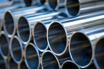 A stack of stainless steel pipes is neatly arranged on top of each other, creating a backdrop reminiscent of the metallurgical industry, Monochromatic Industrial Background, Steel Pipes, 
