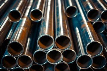 Large piles of steel pipes and tubes, showing off the reflective metal and circular shapes. round stainless tube .High quality steel pipe or aluminum in stack waiting for shipment in warehouse,