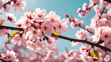 Obraz premium Horizontal banner with sakura flowers of pink color on sunny backdrop. Beautiful nature spring background with a branch of blooming sakura. Space for Text. Generative AI