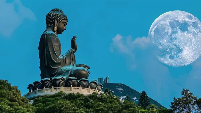 Tian Tan Buddha Statue Po Lin Monastery, Lantau Island, Ngong Ping Village in Hong Kong, scenery on heaven Big buddha in moon and blue sky, religion sacred landmark of tourists and buddhists tourism