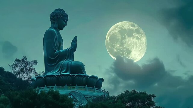Tian Tan Buddha Statue Po Lin Monastery, Lantau Island, Ngong Ping Village in Hong Kong, scenery on heaven Big buddha in moon and blue sky, religion sacred landmark of tourists and buddhists tourism