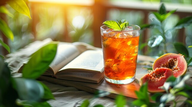 enjoying a tranquil evening with a refreshing glass of guava iced tea and a good book, a serene way to unwind