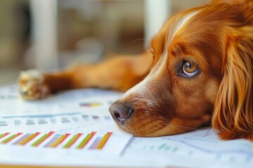 Closeup of a thoughtful dog lying next to colorful financial charts on a table