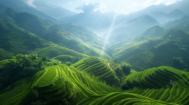 A purely green scene of the Yuanyang Rice Terraces in Yunnan, with bright sunlight