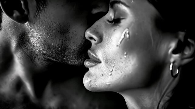A tender kiss on the forehead a gesture of undying love. Black and white art