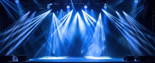 A stage with blue lights and a spotlight on the left side. The stage is empty and ready for a performance