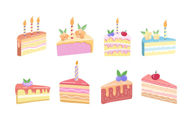 Cake slice pieces isolated on white background. Vector illustration set for stickers and postcards