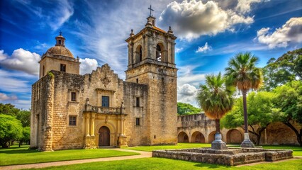 Fototapeta premium Historic Spanish colonial mission-turned-battlefield monument stands proudly under serene Texas sky, surrounded by lush greenery and ornate stone walls.