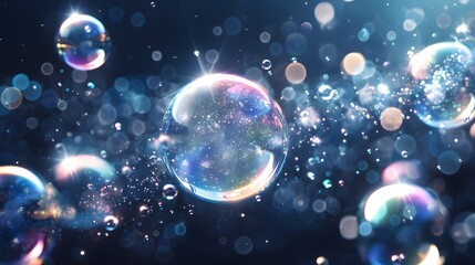 Magical soap bubbles illuminated by abstract light, forming a whimsical background