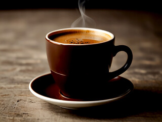 Fototapeta premium cup with hot dark coffee on a wooden table close-up