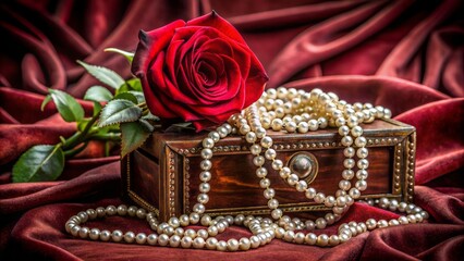 Obraz premium Luxurious still life with a majestic red rose, delicate pearls, and antique jewelry box on a velvet background.