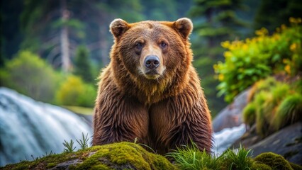 Obraz premium Magnificent solitary brown bear displays majestic strength with its intense gaze and rugged fur in a serene wilderness setting.