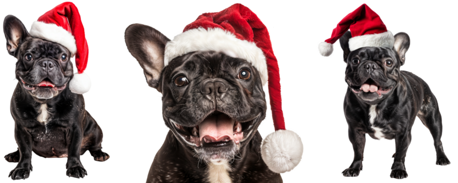 Cheerful French Bulldogs Wearing Santa Hats Isolated on Transparent Background - Festive Christmas Pet Collection for Holiday Celebrations - Powered by Adobe