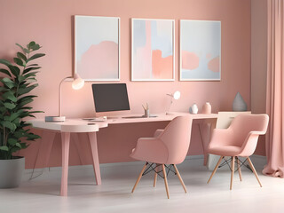 Fototapeta premium Workplace in peach fuzz 2024 color trend furniture. Painted gray walls and rich furniture - chairs and table with lamp. Pastel painting background. Large home office or coworking center. 3d render