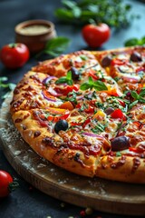 Healthy Veggie Pizza: A colorful vegetable pizza loaded with fresh toppings like bell peppers, olives, red onions, and spinach, presented on a round wooden board with a sprinkle of fresh herbs.