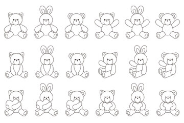 かわいいくまとうさぎとねこのぬいぐるみのベクターイラスト　アイコン　セット　ハート　動物