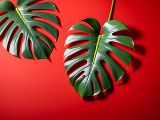 Photo of a monstera leaf on a red background