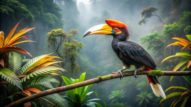 Majestic rhinoceros hornbill with vibrant orange beak perched amidst misty darkness of ancient tropic forest in Kinabatangan Borneo Malaysia habitat.