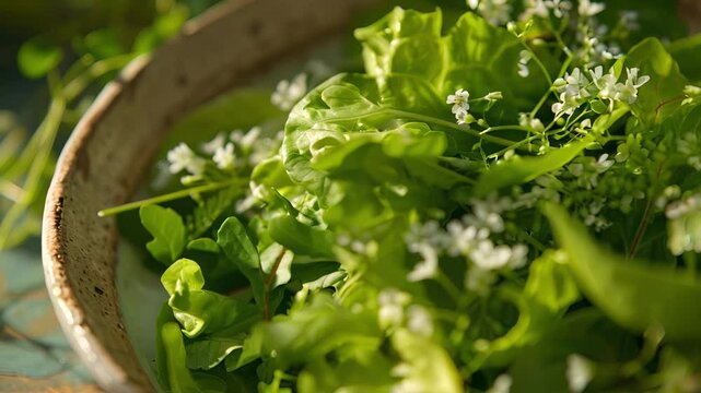 Crisp romaine lettuce tossed with a zesty mix of wild garlic woodruff and chervil creates a delectable foraged herb salad.