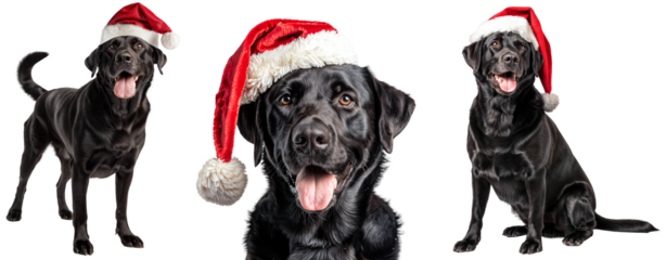 Set of Joyful Black Labrador Retrievers  in Santa Hats Isolated on Transparent Background - Festive Holiday Pet Bundle for Christmas Celebrations