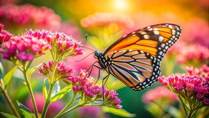 Naklejka premium Delicate monarch butterfly perches on vibrant pink flowers, tenderly sipping nectar amidst lush green foliage in warm sunlight.