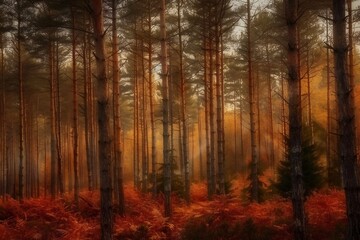 Obraz premium Pine trees on a moody fall landscape with red and orande colors