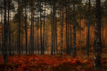 Fototapeta premium Pine trees on a moody fall landscape with red and orande colors