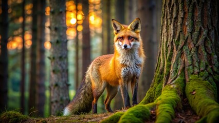 Fototapeta premium Adorable red fox with vibrant orange fur coat stands alone beside towering pine tree trunk in dark German forest wilderness.
