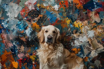 Portrait of a serene golden retriever dog sitting in front of a colorful abstract painting